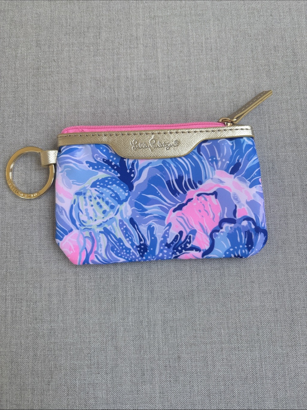 Lilly Pulitzer Blue and Pink Floral Key Ring Coin Pouch with Gold Trim